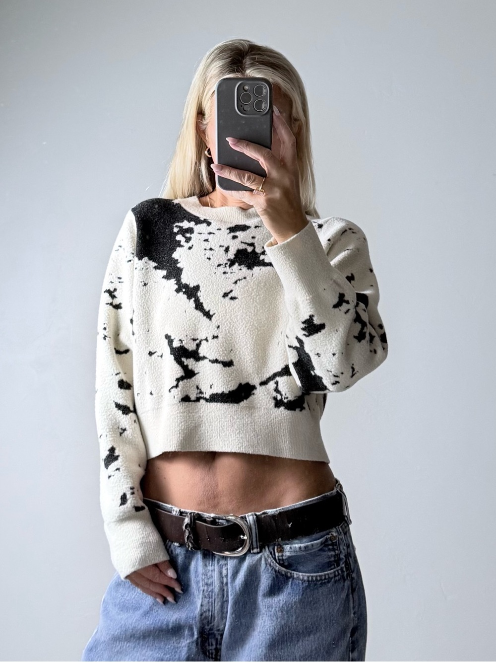 Kerisma Black & cream Marble-Print Cropped Sweater Top